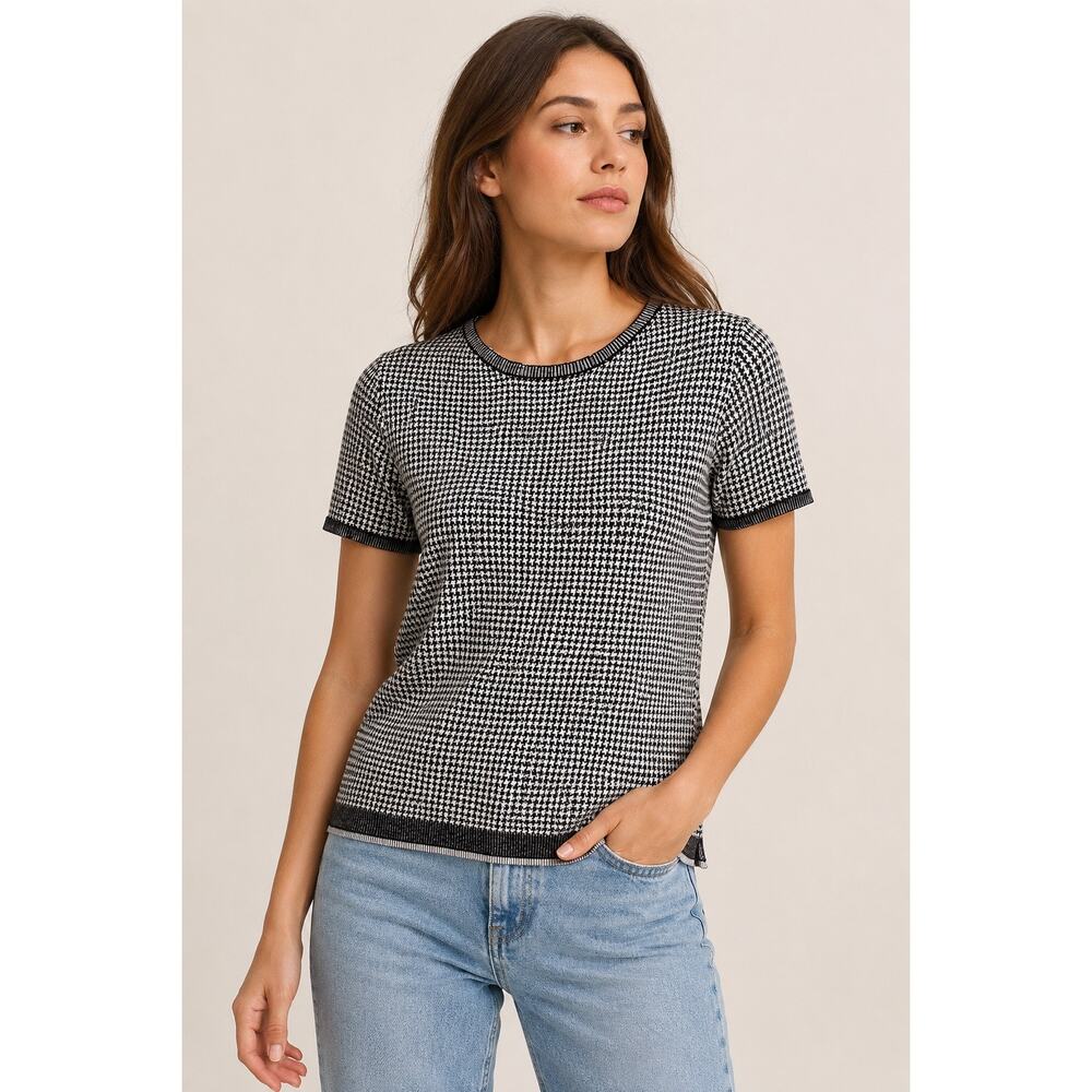 Alice + Olivia Employed Black & White Houndstooth Knit Top Size Large